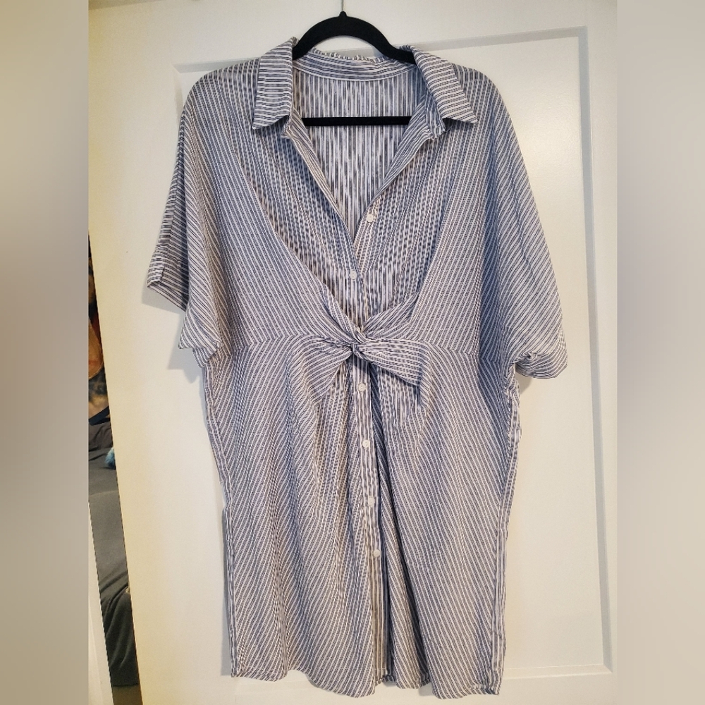 Blue & White Striped Oversized Linen Coverup - Picture 3 of 4